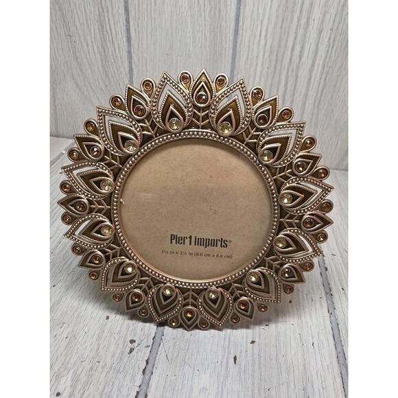 Pier 1 Imports Photo Frame Bejeweled Ornate Wire & Beads 3.5x3.5 Orange New - Picture 1 of 5